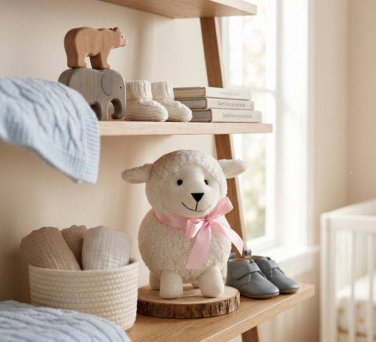 Ovelhinha Abel de Pelúcia com Laço – Brinquedo Decorativo para Bebês
