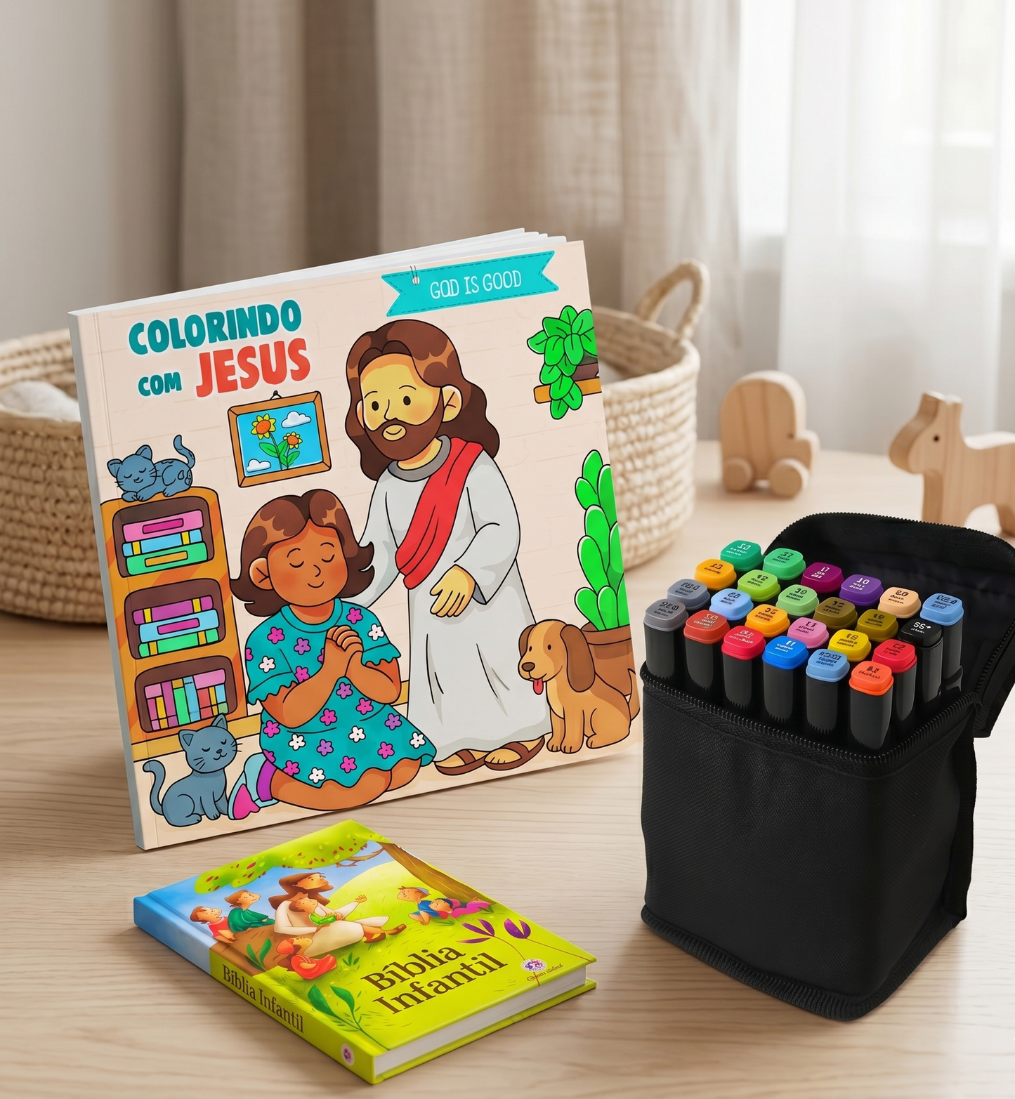 Kit Colorindo com Jesus – Livro de Colorir + 24 Canetinhas + Bíblia Infantil