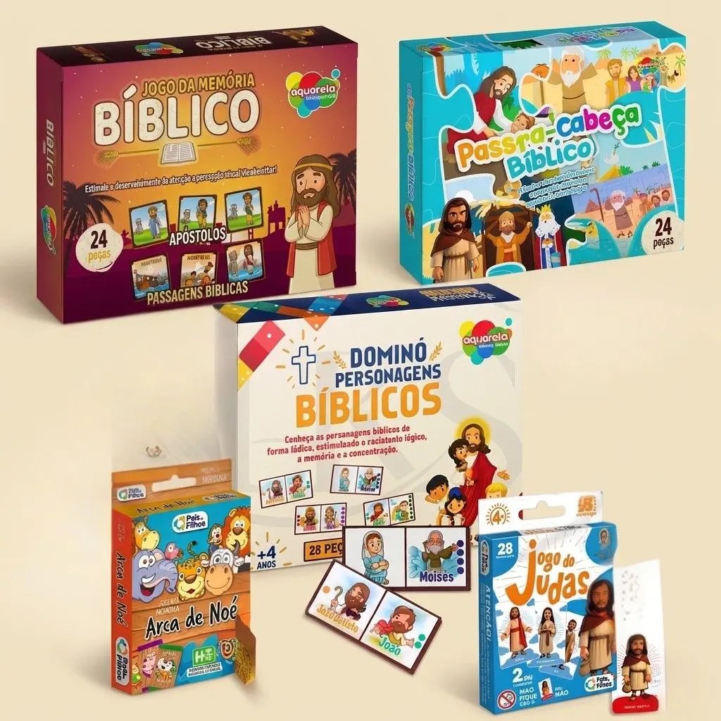 Kit Jogos Bíblicos Infantis 3 em 1 – Quebra-Cabeça, Memória e Dominó Cristão