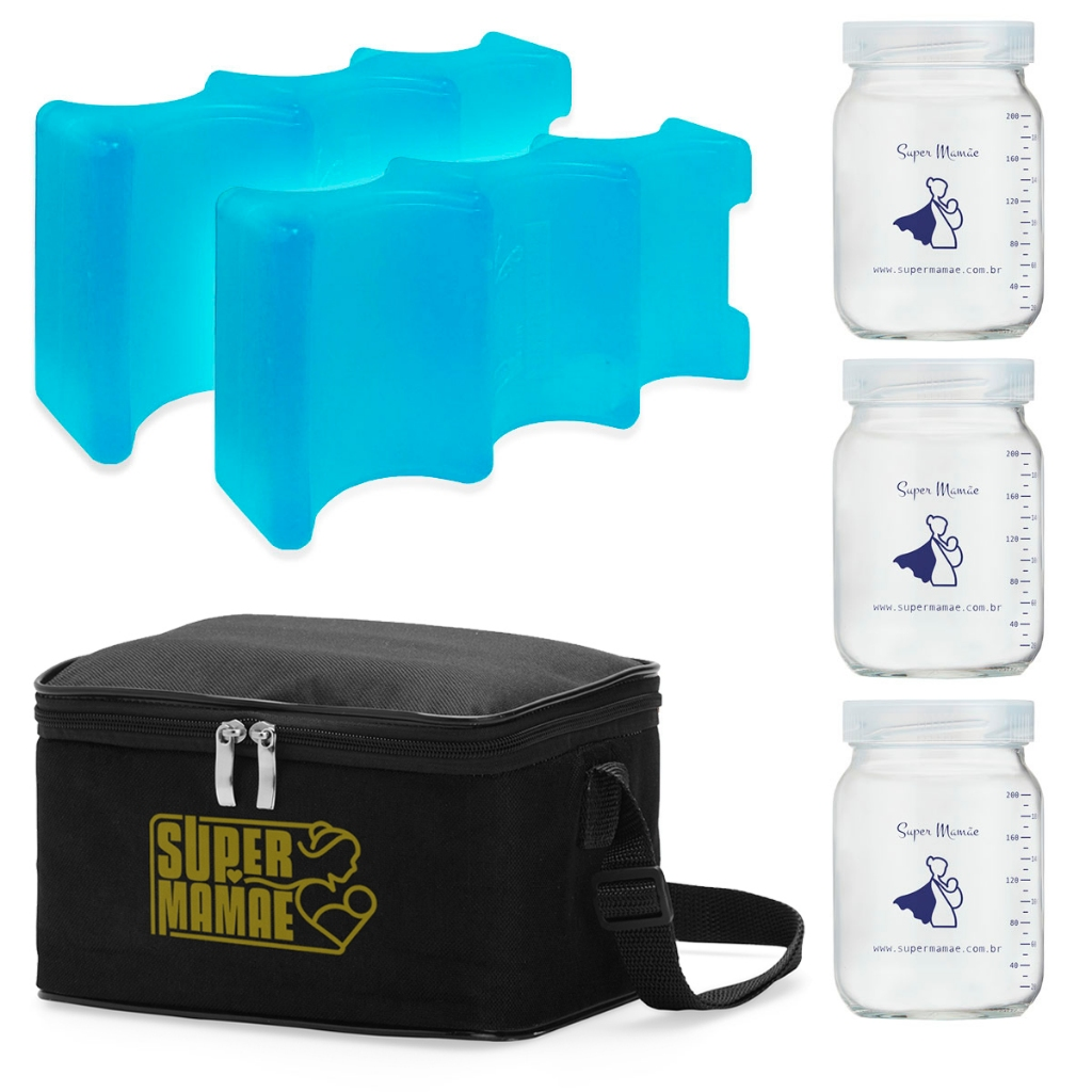 Kit Térmico com 3 Potes de Vidro e 2 Géis Refrigerantes – Armazenamento Seguro e Prático para Leite Materno