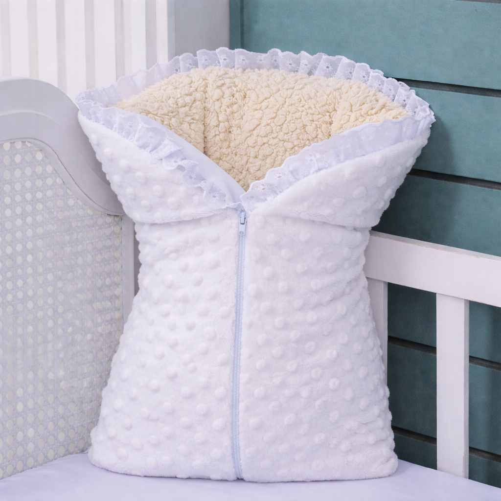 Saco de Dormir Bebê Sherpa Pipoquinha com Laise – Aconchego para Dias Frios