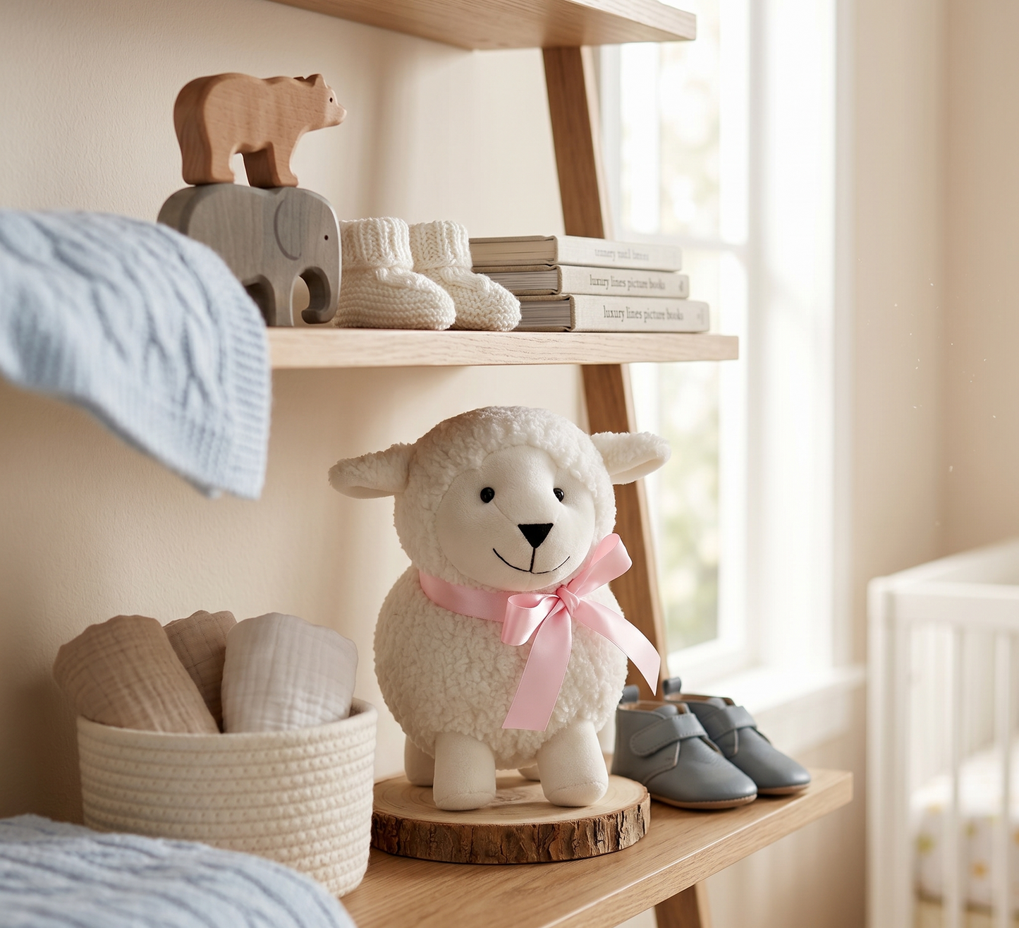 Ovelhinha Abel de Pelúcia com Laço – Brinquedo Decorativo para Bebês