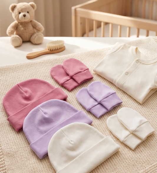 Kit com 3 Toucas + 3 Pares de Luvas para Bebê – 100% Algodão