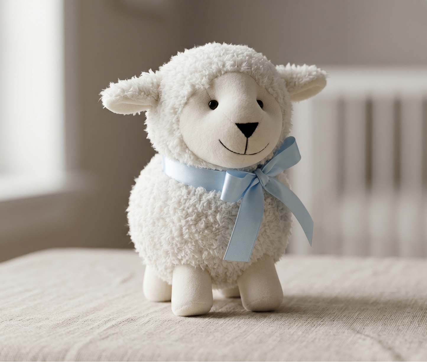 Ovelhinha Abel de Pelúcia com Laço – Brinquedo Decorativo para Bebês