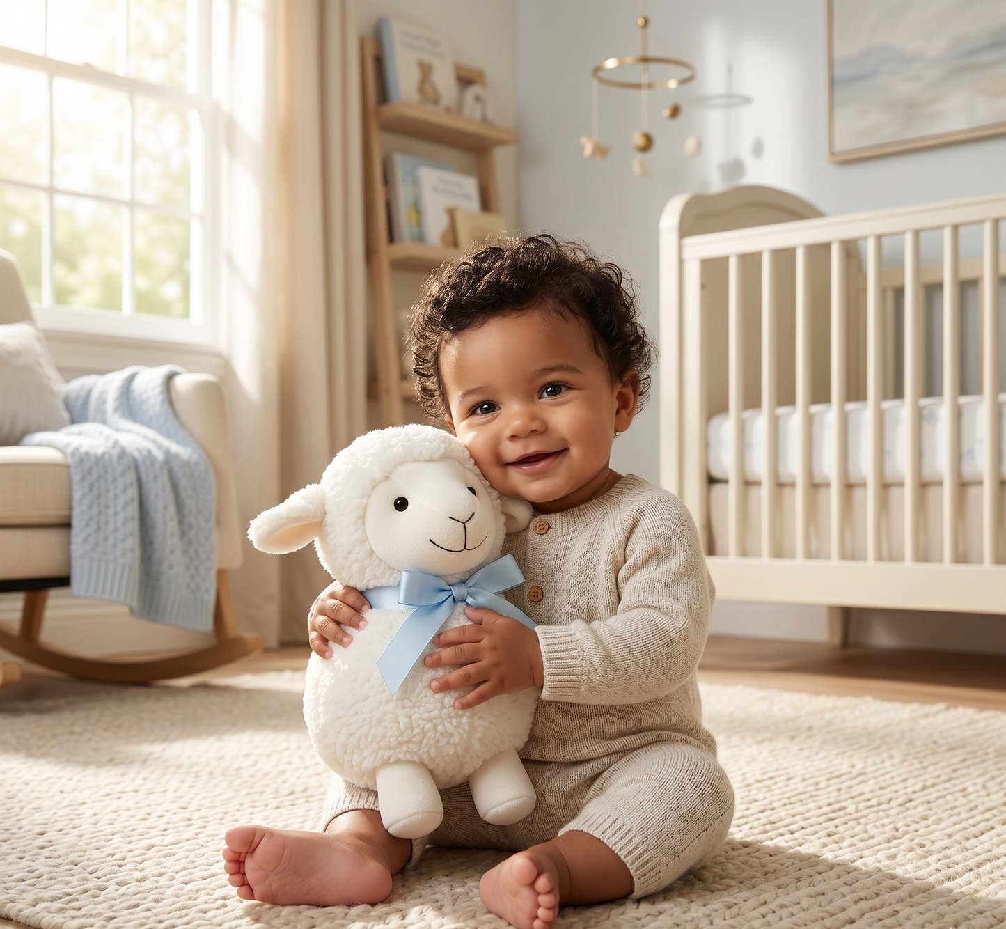 Ovelhinha Abel de Pelúcia com Laço – Brinquedo Decorativo para Bebês