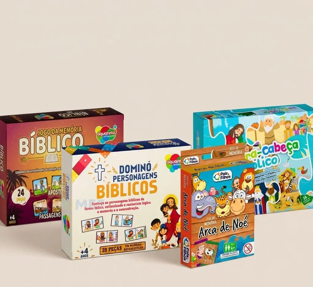 Kit Jogos Bíblicos Infantis 3 em 1 – Quebra-Cabeça, Memória e Dominó Cristão