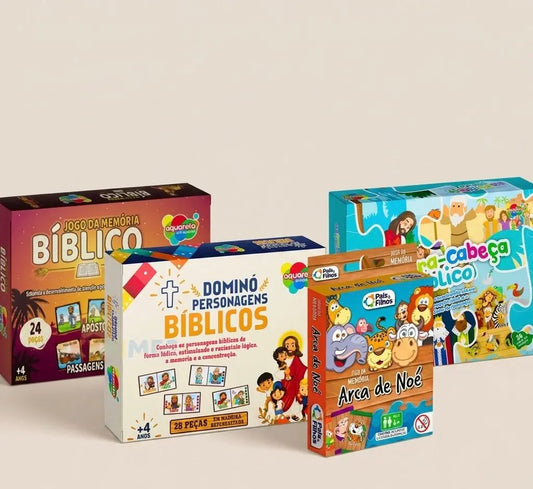 Kit Jogos Bíblicos Infantis 3 em 1 – Quebra-Cabeça, Memória e Dominó Cristão