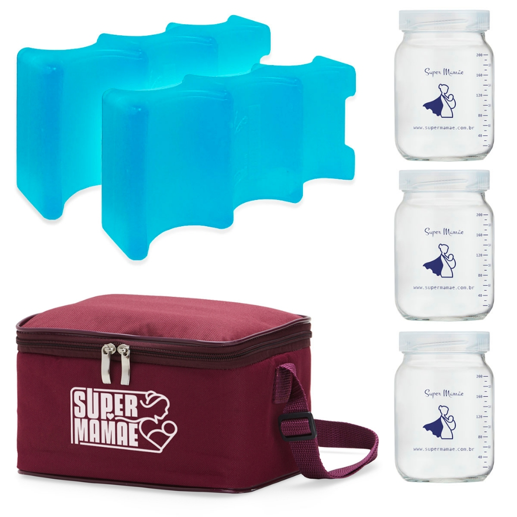 Kit Térmico com 3 Potes de Vidro e 2 Géis Refrigerantes – Armazenamento Seguro e Prático para Leite Materno